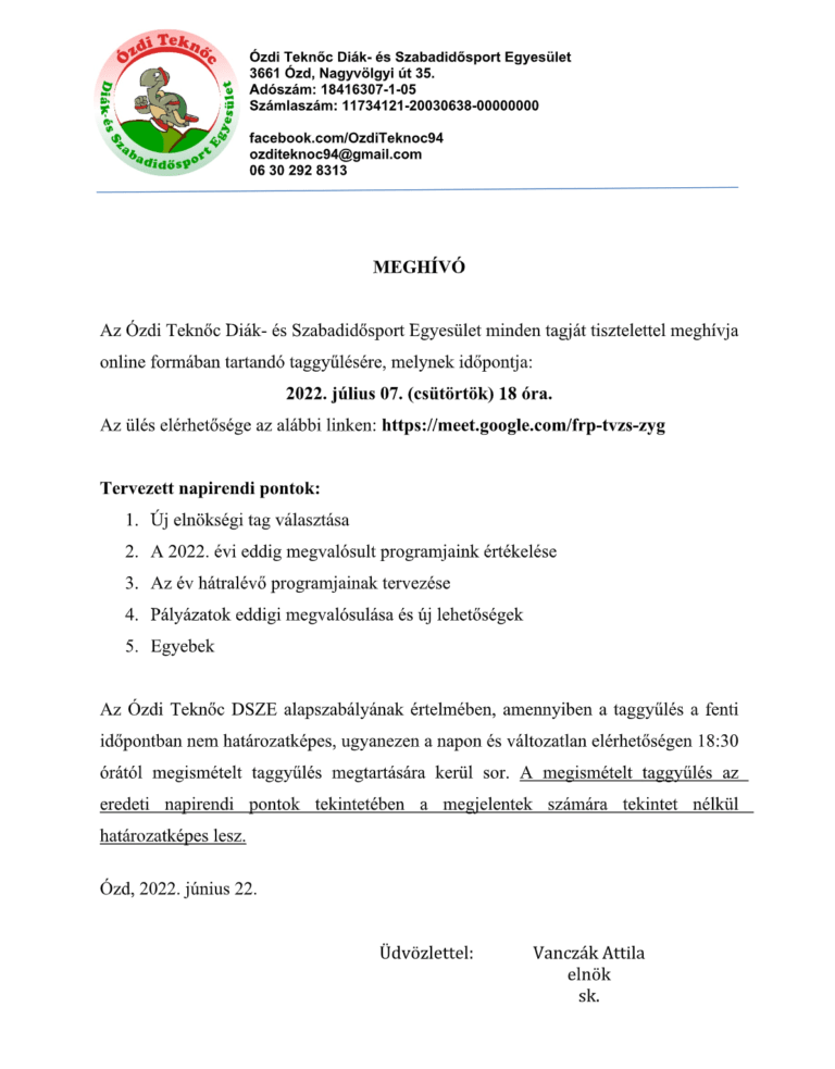 Meghívó taggyűlésre